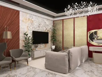 modern living room showcasing a cozy sofa arrangement with elegant chairs and a decorative TV wall, featuring luxurious materials and a classy chandelier, ideal for interior decor design using Homestyler's real-time 3D rendering feature.