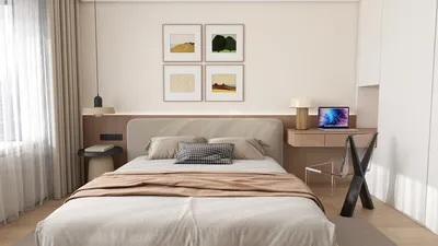 Modern bedroom design featuring a cozy bed arrangement with a stylish headboard, minimalist decor style, and functional workspace. Interior design utilizing Homestyler's real-time 3D rendering feature for an accurate preview.