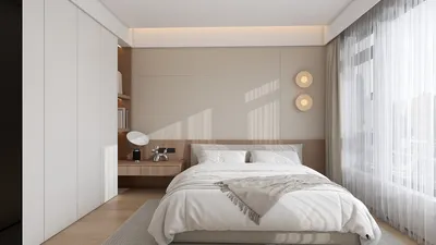 modern bedroom design showcasing a cozy wooden bed with soft linens, styled with ambient lighting and minimalistic decor, optimized for interior design visualization using Homestyler's real-time 3D rendering feature.