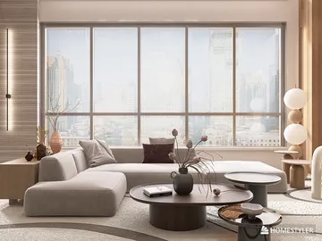 modern sofa arrangement showcasing a contemporary interior design style with an emphasis on natural light in a living room, utilizing Homestyler's real-time 3D rendering feature.