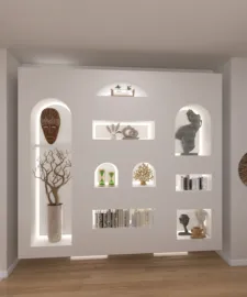 Modern wall display unit showcasing decorative items and plants in a contemporary style, enhancing interior aesthetics with smart furniture arrangement capabilities from Homestyler.