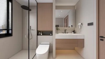 modern bathroom design featuring sleek fixtures and neutral colors, showcasing an interior decor aesthetic with Homestyler's real-time 3D rendering functionality.