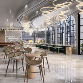 a modern dining area featuring elegant curved lighting and sophisticated furniture arrangement in a luxury restaurant, showcasing interior design with Homestyler's real-time 3D rendering for a quick preview of the renovation.