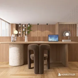 Modern office workspace featuring a wooden desk and stylish chairs, designed with minimalism in mind, ideal for productivity and collaboration. Utilizes Homestyler's real-time 3D rendering for efficient design visualization.