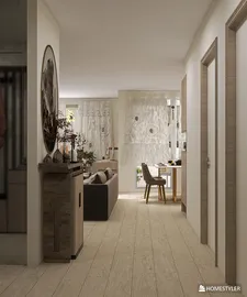 modern hallway design featuring a cozy living area and dining setup, showcasing a tranquil interior decor style with Homestyler's real-time 3D rendering feature