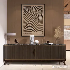 Stylish sideboard displaying decorative items and art piece, enhancing modern minimalist interior design, showcasing Homestyler's real-time 3D rendering feature.