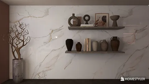 shelves displaying decorative vases and sculptures in a contemporary interior design style, showcasing Homestyler's real-time 3D rendering feature.