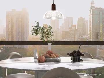 Dining table set with fresh fruits and decorative plants in a modern style, featuring a scenic city view, optimized for interior decor using Homestyler's real-time 3D rendering.