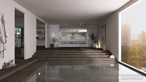 Modern interior design showcasing a sleek living space with steps leading down to a serene water feature, emphasizing open layout and natural light, utilizing Homestyler's real-time 3D rendering capabilities.