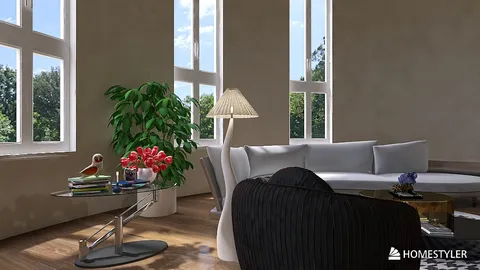 living room furniture arrangement with modern style featuring a cozy sofa, a sleek coffee table, and vibrant indoor plants utilizing Homestyler's real-time 3D rendering feature