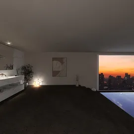 modern living room design with minimalistic decor featuring a stunning city view at sunset, utilizing 3D rendering from Homestyler for realistic interior visualization.