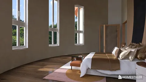 modern bedroom design featuring large windows and earthy tones, utilizing real-time 3D rendering for an immersive interior decor experience