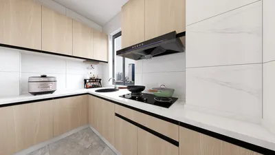 Modern kitchen design featuring an ergonomic layout with smart furniture arrangement, incorporating elements of contemporary style for optimal cooking space, utilizing Homestyler's real-time 3D rendering feature.