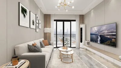Modern living room featuring a stylish sofa and coffee table, designed for a cozy atmosphere in a contemporary apartment. The image showcases interior design, emphasizing the use of Homestyler's real-time 3D rendering feature for effective space visualization.