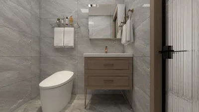 modern bathroom design showcasing a sleek vanity and elegant fixtures in a contemporary style, featuring smart furniture arrangement for optimal space utilization in small areas, powered by Homestyler's real-time 3D rendering.