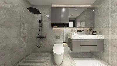 modern bathroom design featuring a sleek toilet and marble sink area, optimizing small spaces with smart furniture arrangement using Homestyler's real-time 3D rendering.