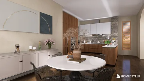 A modern dining area featuring a round white table surrounded by stylish black chairs, designed with a harmonious color palette; showcasing a chic contemporary interior decor style along with Homestyler's real-time 3D rendering feature.