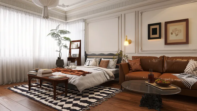 Design élégant de la chambre du milieu du siècle avec un lit confortable et un canapé chesterfield en cuir créé à Homestyler.