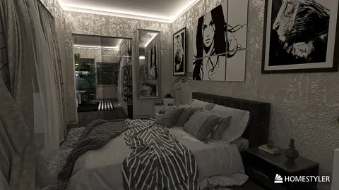 Cozy bedroom featuring a stylish bed with layered bedding and textured pillows, designed using Homestyler's real-time 3D rendering for an elegant interior decor look.