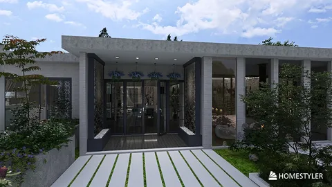 modern exterior entrance with landscaped garden showcasing home design proposal in contemporary style using Homestyler's real-time 3D rendering feature for quick visualization