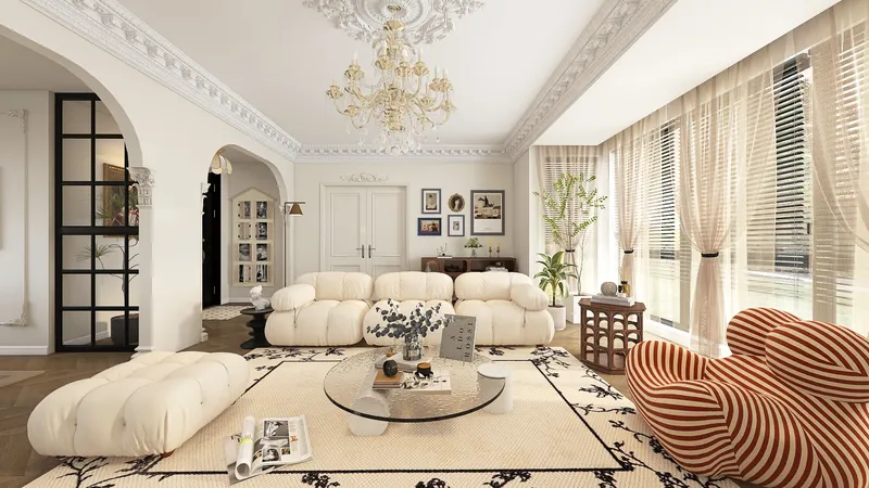 Salon design du milieu du siècle avec un canapé capitonné et une table basse en verre créé à Homestyler.