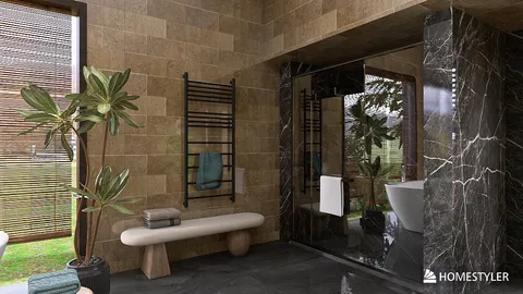 modern bathroom design featuring sophisticated tile work and a sleek shower area with a focus on elegant styling; includes an emphasis on interior decor elements and the Homestyler's real-time 3D rendering feature