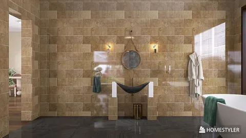 modern bathroom with stone wall tiles and elegant fixtures using Homestyler for realistic 3D rendering
