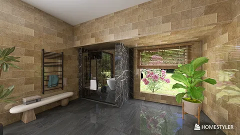 Modern bathroom design featuring sleek marble and stone finishes, showcasing a spacious layout with natural elements, created using Homestyler's real-time 3D rendering function.
