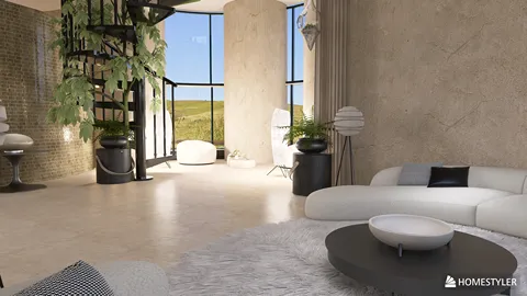 Living room design showcasing a modern spiral staircase with lush greenery, emphasizing open space and natural light; utilizing Homestyler's real-time 3D rendering feature for an immersive experience.