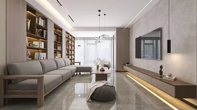 modern living room interior design featuring a cozy sofa and a minimalist coffee table styled with warm wood accents, showcasing Homestyler's real-time 3D rendering for design proposal display.