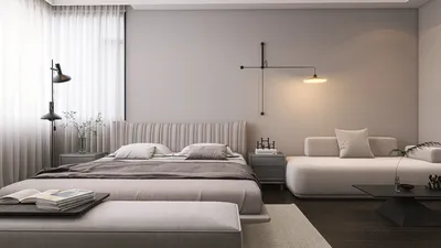 Modern bedroom design featuring a cozy bed with neutral tones, optimized layout for small spaces, showcasing intelligent furniture arrangement capabilities of Homestyler.
