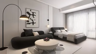 modern living room design featuring a sleek sofa and a stylish bed with a focus on minimalism and functionality, showcasing interior decor elements; utilizing Homestyler's real-time 3D rendering for effective design visualization.