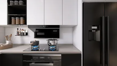 kitchen interior design showcasing modern appliances and sleek cabinetry with a focus on functionality and style, highlighting Homestyler's real-time 3D rendering feature.