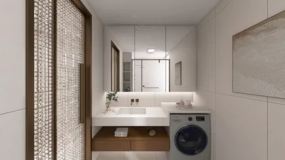 modern bathroom featuring a sleek vanity and integrated washing machine, optimizing space with a contemporary style, showcasing Homestyler's real-time 3D rendering for design previews.