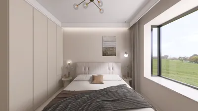 modern bedroom design showcasing a cozy atmosphere with soft tones and natural light, featuring real-time 3D rendering for accurate layout visualization using Homestyler.