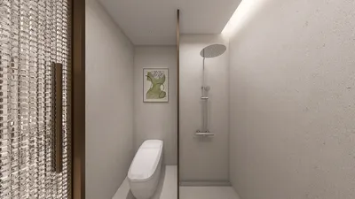 minimalist bathroom design featuring a sleek toilet and modern shower with a luxurious vibe, showcasing 3D interior rendering capabilities in Homestyler