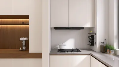 minimalist kitchen design featuring modern appliances and elegant cabinetry, utilizing Homestyler's real-time 3D rendering to showcase space efficiency.