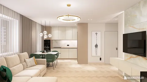 modern living room with cozy sofa and dining area featuring a contemporary kitchen design in a stylish interior layout, showcasing Homestyler's real-time 3D rendering feature