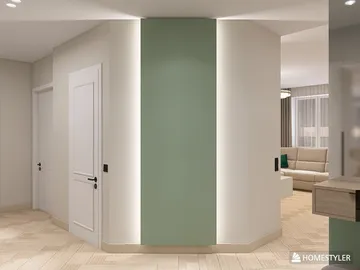 Interior wall design with a green accent featuring modern lighting and curved structure, enhancing the entrance space and showcasing the homestyler feature of real-time 3D rendering.