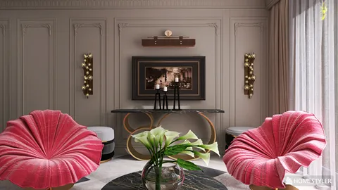 pink shell-shaped chairs arranged in a luxurious living room setting featuring elegant decor and a decorative console table, showcasing modern interior design using Homestyler's real-time 3D rendering feature for instant visualization.