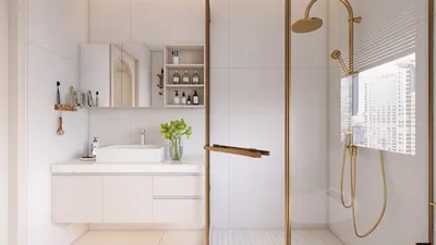 Modern bathroom design featuring a glass shower enclosure and minimalist vanity, showcasing luxury and elegance in a compact space; ideal for interior decor inspiration in Homestyler.