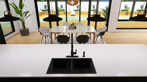 modern kitchen with sleek sink and stylish faucet showcasing open-plan living space design using Homestyler's real-time 3D rendering feature.