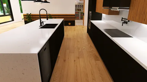 Modern kitchen design featuring a spacious island with a sink, sleek black cabinetry, and warm wooden flooring, optimized using Homestyler's real-time 3D rendering feature.
