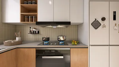 modern kitchen with smart appliance arrangement showcasing a sleek design and maximizing space utility, featuring real-time 3D rendering in Homestyler
