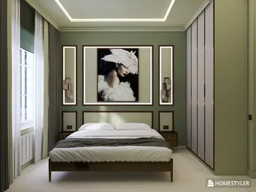 Stylish bedroom featuring elegant wall art and modern furniture in a contemporary design style, showcasing Homestyler's real-time 3D rendering capabilities for interior decor preview.