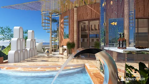 modern outdoor lounge furniture arrangement with a sleek pool design in a tropical setting, showcasing Homestyler's real-time 3D rendering feature