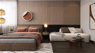 Modern bedroom design featuring a cozy bed with textured bedding, stylish lounging area, and elegant decor elements, showcasing interior decoration ideas using Homestyler for 3D interior rendering.