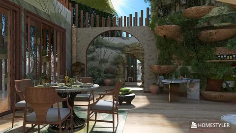 Dining area featuring natural decor elements with a lush, green backdrop, designed using Homestyler's real-time 3D rendering for an immersive interior experience.