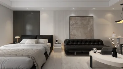 modern bedroom featuring a sleek black bed and sofa arrangement, showcasing minimalist decor and neutral tones for a calming atmosphere, utilizing Homestyler's real-time 3D rendering for design previews.