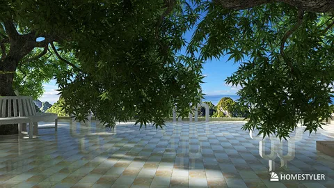 outdoor terrace design featuring a scenic view and lush greenery with a modern style, showcasing Homestyler's real-time 3D rendering capability.